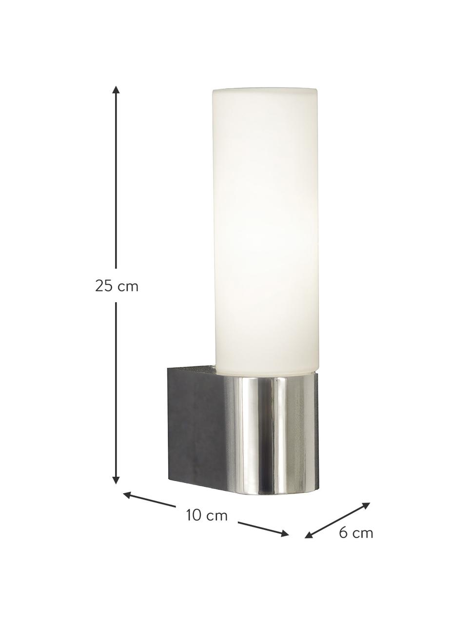 Bad-Wandleuchte Cosenza mit integrierter Steckdose, Lampenschirm: Opalglas, Silberfarben, Weiß, B 6 x T 10 cm