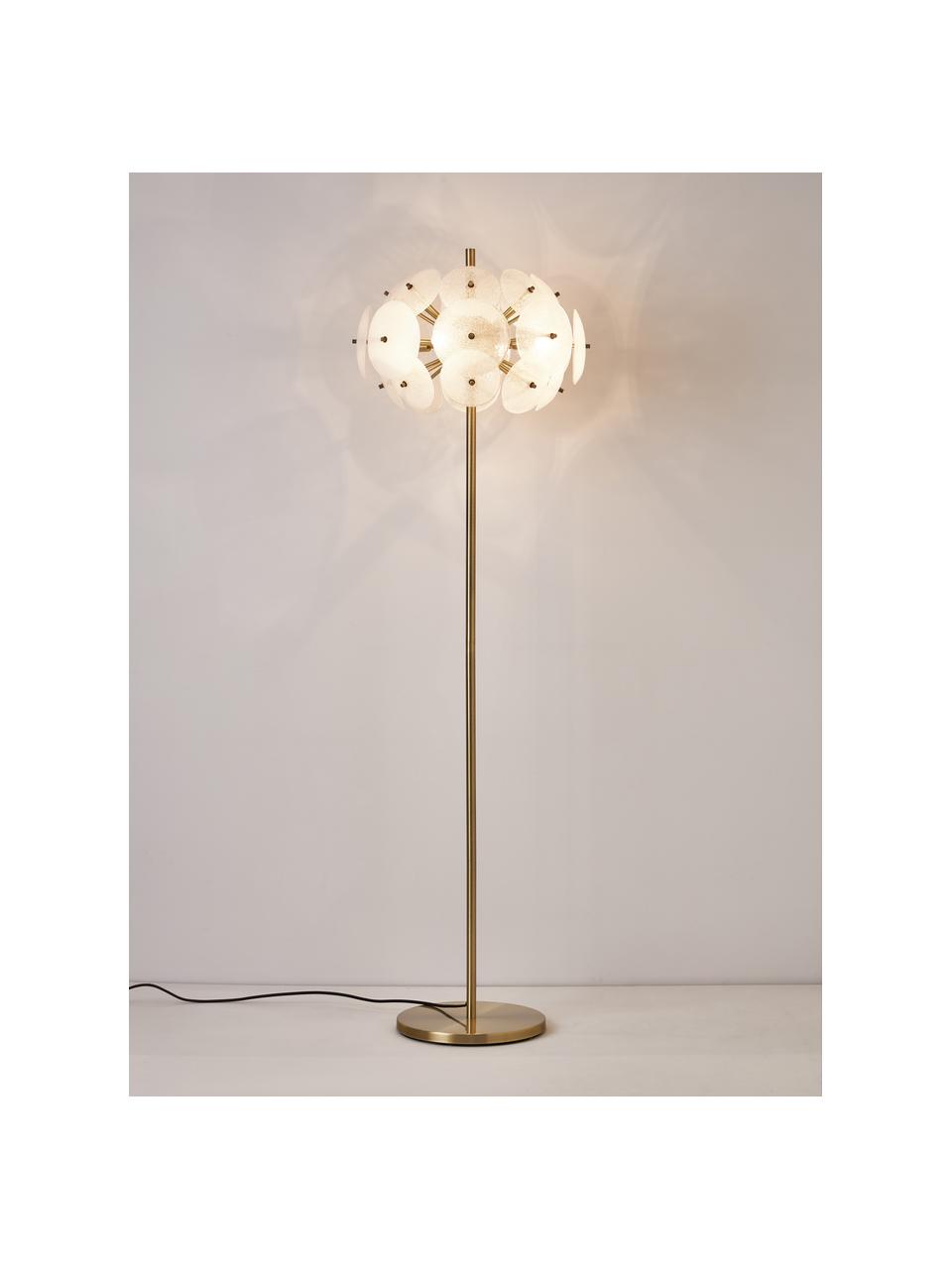 Lámpara de pie de vidrio Mireille, Pantalla: vidrio, Estructura: metal, Cable: cubierto en tela, Transparente, dorado, Al 155 cm