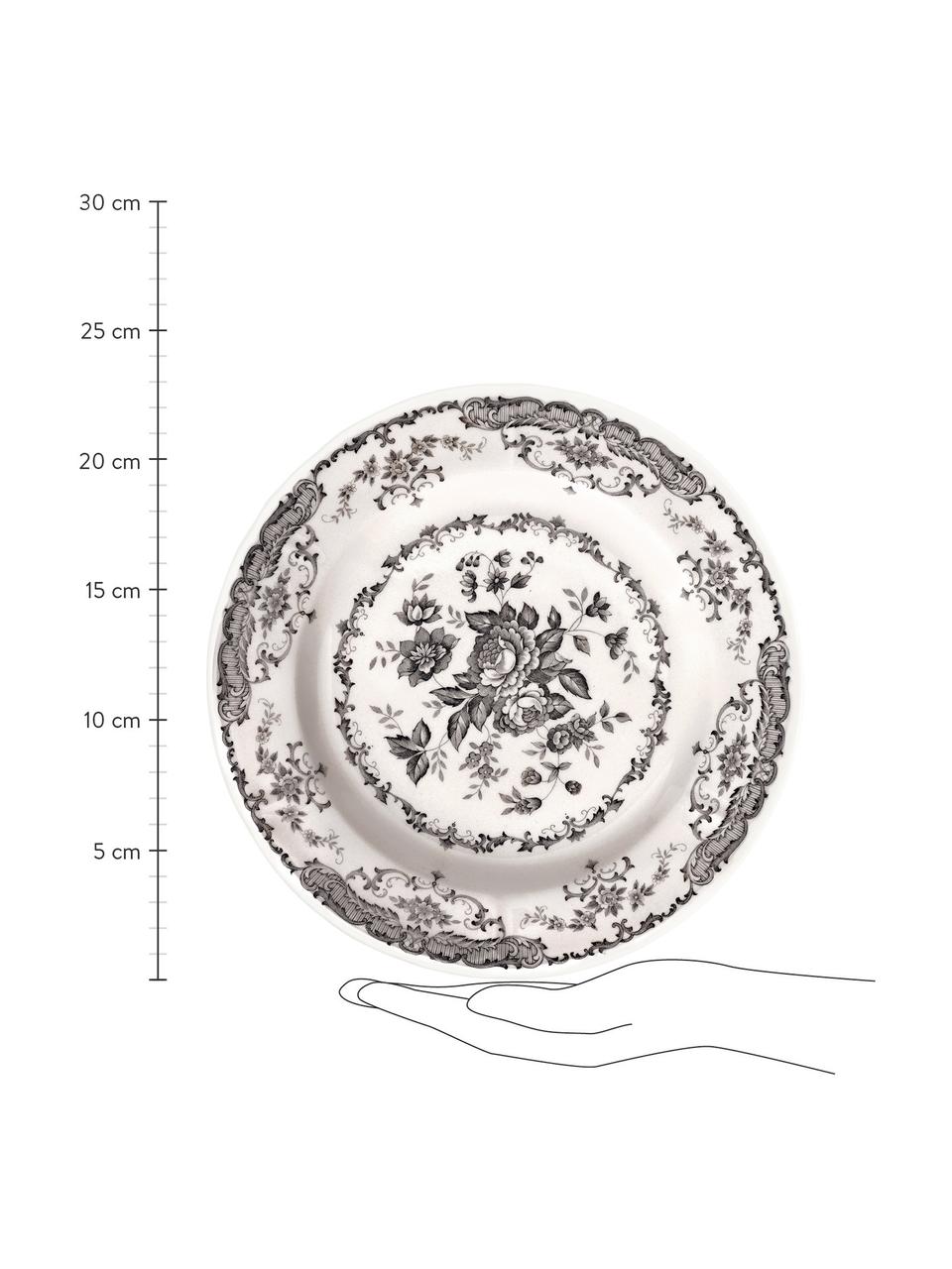 Soepborden Rose met bloemmotief in wit/zwart, 2 stuks, Keramiek, Wit, zwart, Ø 23 x H 4 cm