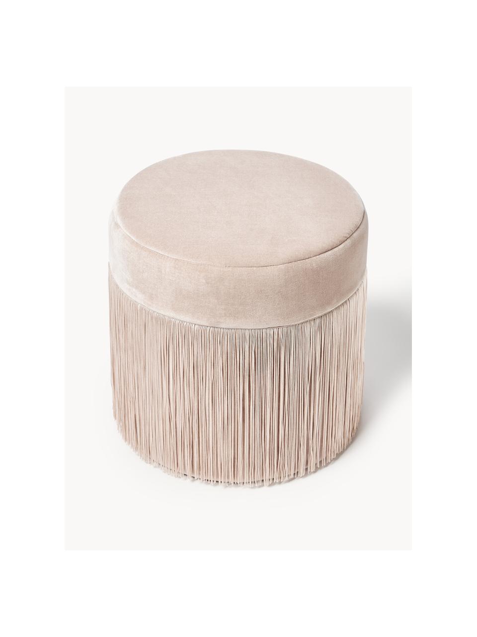 Pouf à franges Adriana, Velours grège, ∅ 40 x haut. 40 cm