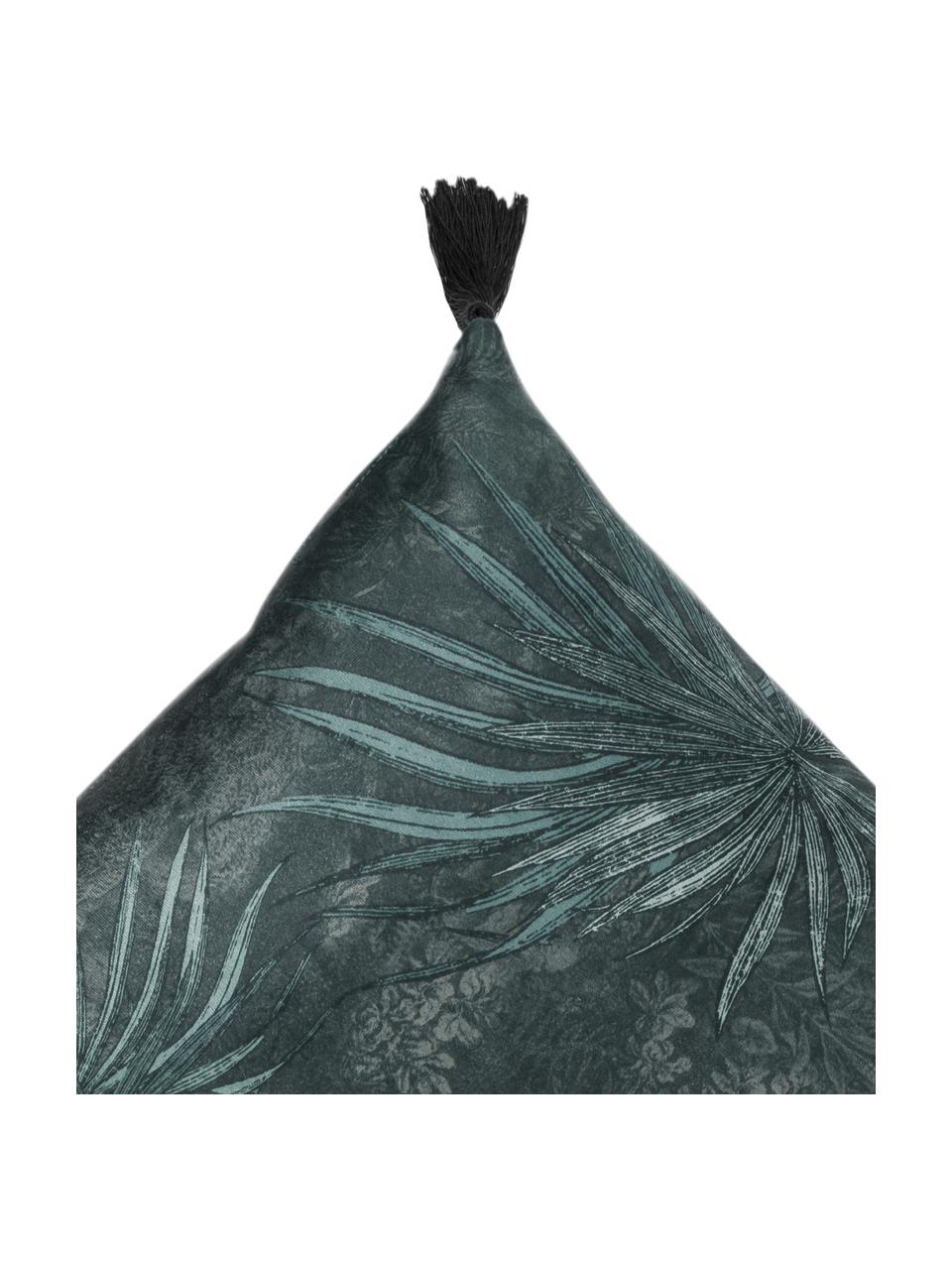 Cuscino con motivo a foglie e nappe Jangala, Retro: cotone, Tonalità blu, Larg. 50 x Lung. 50 cm