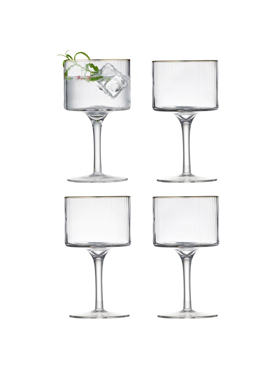 Copas de vino sopladas artesanalmente con relieve Palermo, 4 uds., Vidrio, Transparente con borde dorado, Ø 10 x Al 17 cm, 320 ml