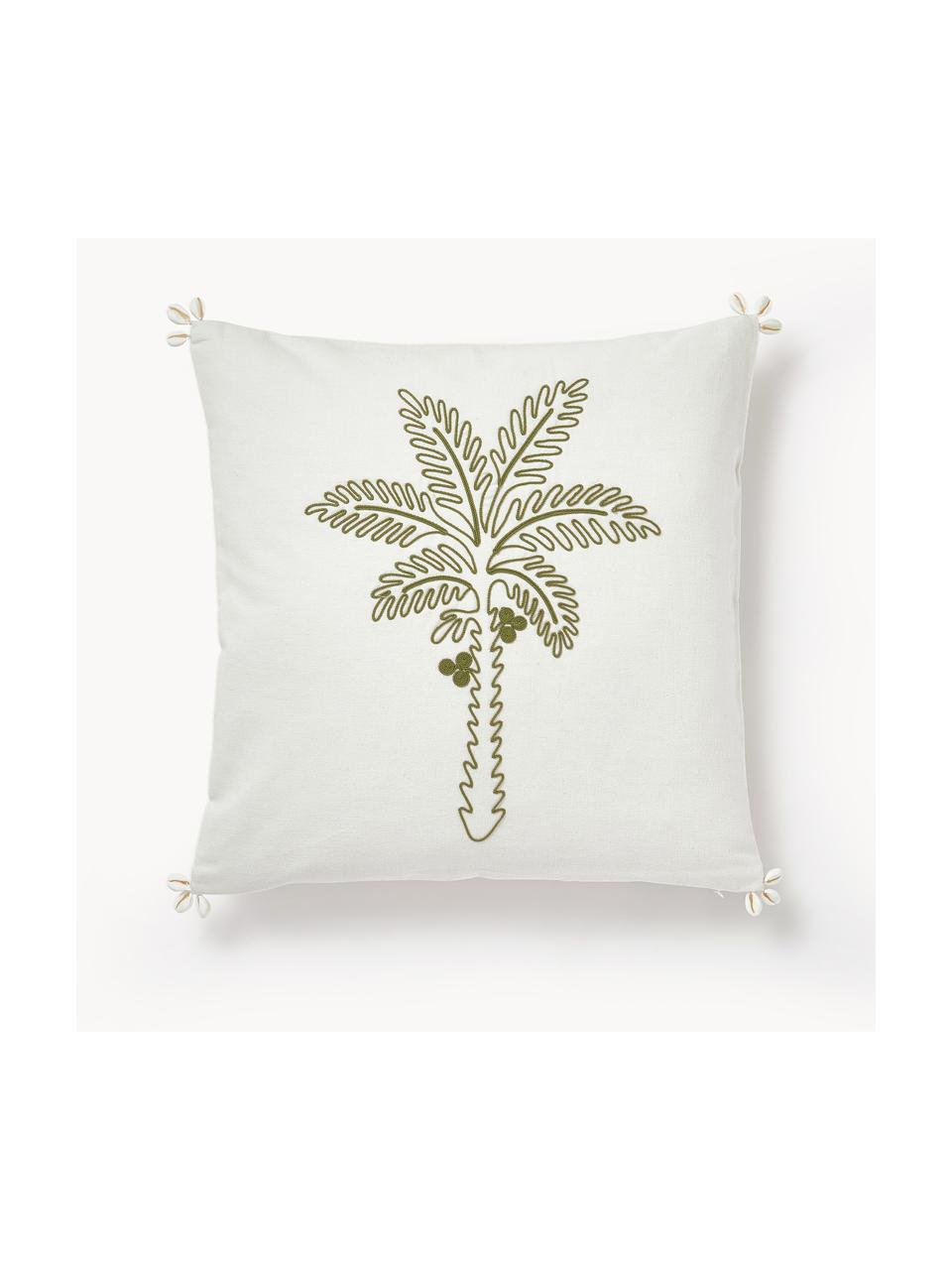 Housse de coussin 45x45 brodée avec détails de coquillages Tamir, Blanc crème, vert, larg. 45 x long. 45 cm