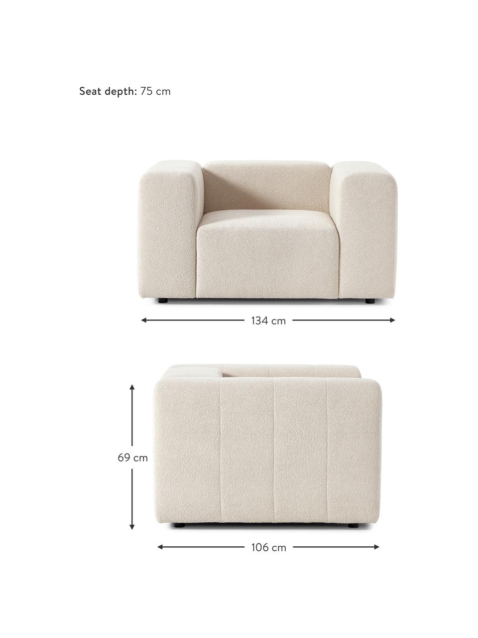 Poltrona in bouclè Lena, Rivestimento: bouclé (93% poliestere, 6, Rivestimento: cuscino in schiuma con an, Struttura: legno di pino, compensato, Gambe: plastica, Bouclé beige, Larg. 134 x Prof. 106 cm