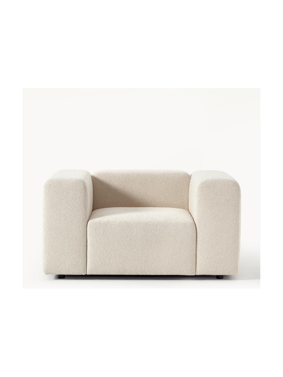 Sillón bouclé Lena, Tapizado: Bouclé (93% poliéster, 6%, Estructura: madera de pino, contracha, Patas: plástico, Bouclé beige claro, An 134 x F 106 cm