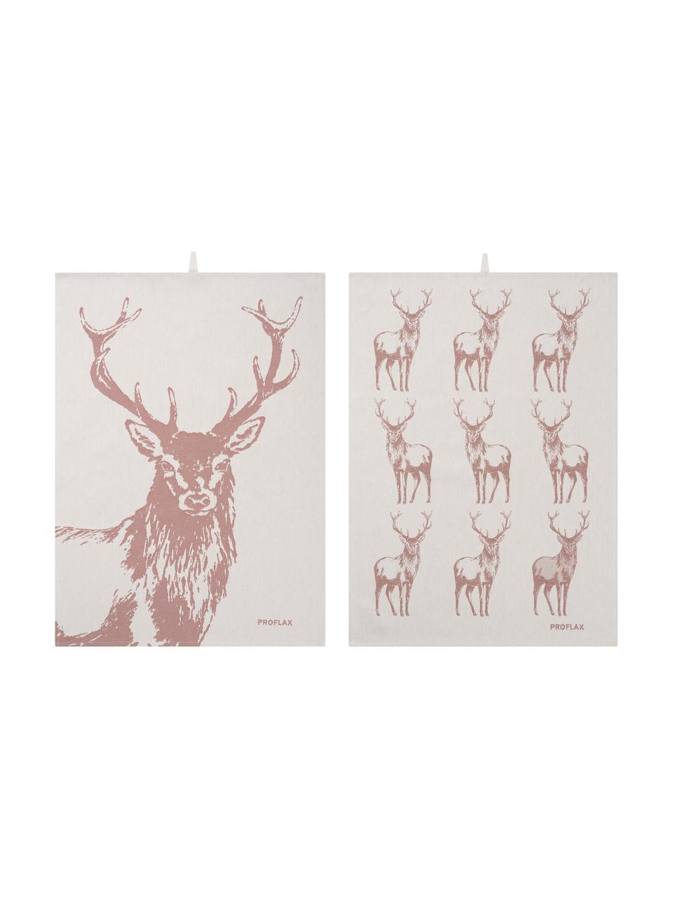 Set 2 strofinacci con motivo cervo Hjort, 100% cotone, Marrone noce, beige, Larg. 50 x Lung. 70 cm