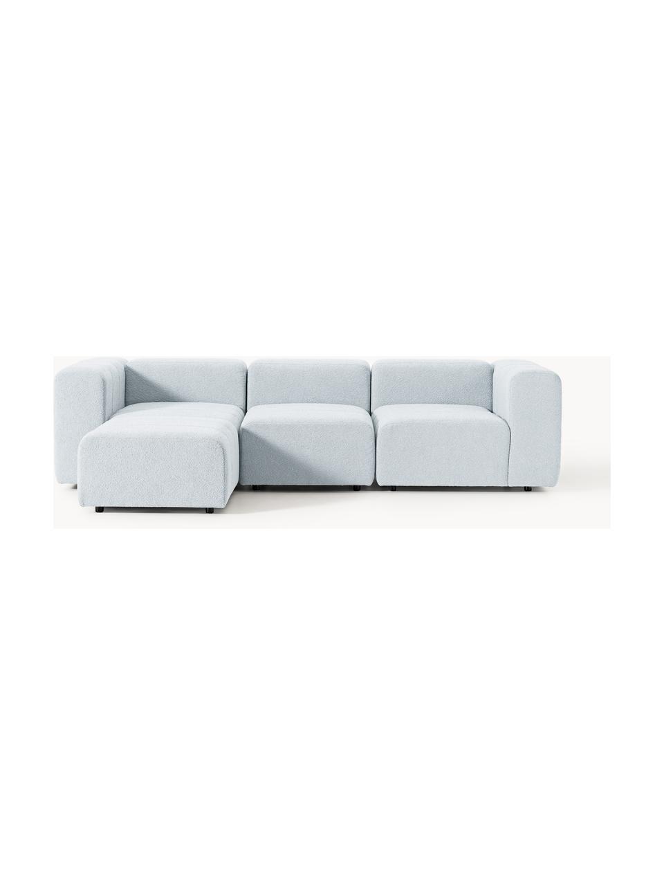 Modulares Bouclé-Sofa Lena (4-Sitzer) mit Hocker, Bezug: Bouclé (93 % Polyester, 6, Gestell: Buchenholz, Spanplatte, H, Füße: Kunststoff, Bouclé Hellblau, B 287 x T 181 cm