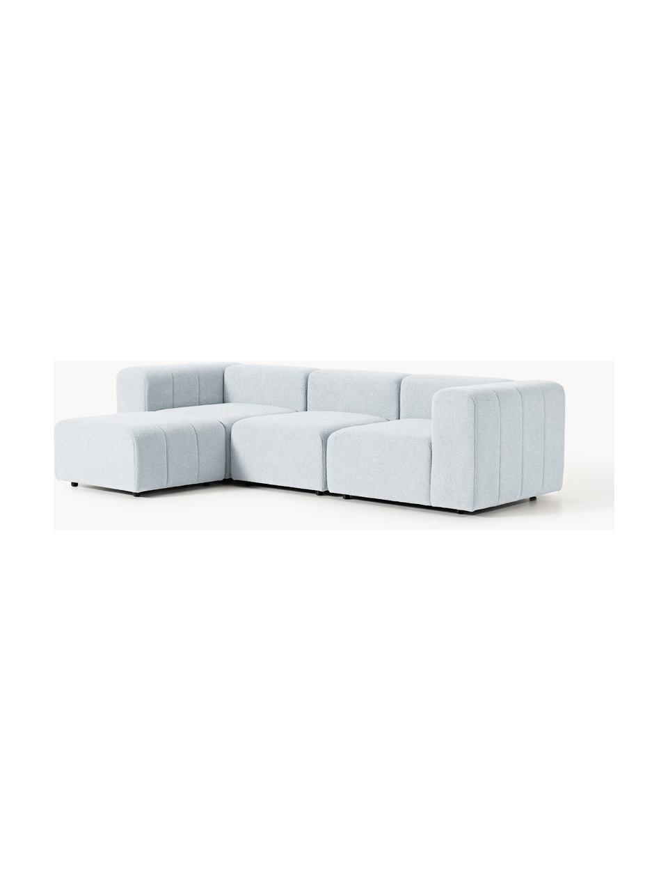 Modulares Bouclé-Sofa Lena (4-Sitzer) mit Hocker, Bezug: Bouclé (93 % Polyester, 6, Gestell: Buchenholz, Spanplatte, H, Füße: Kunststoff, Bouclé Hellblau, B 287 x T 181 cm