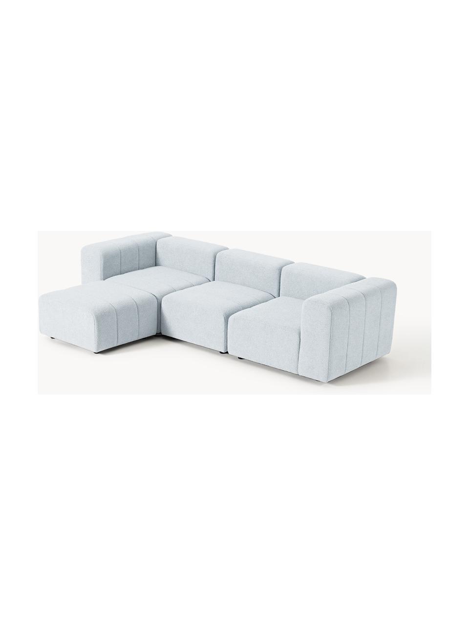 Modulares Bouclé-Sofa Lena (4-Sitzer) mit Hocker, Bezug: Bouclé (93 % Polyester, 6, Gestell: Buchenholz, Spanplatte, H, Bouclé Hellblau, B 287 x T 181 cm