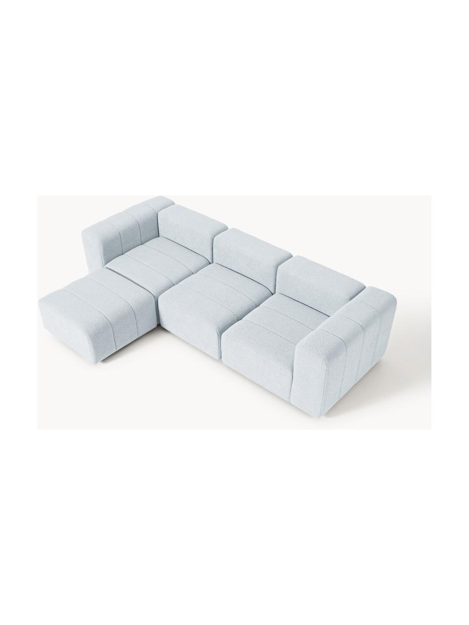 Modulares Bouclé-Sofa Lena (4-Sitzer) mit Hocker, Bezug: Bouclé (93 % Polyester, 6, Gestell: Buchenholz, Spanplatte, H, Füße: Kunststoff, Bouclé Hellblau, B 287 x T 181 cm