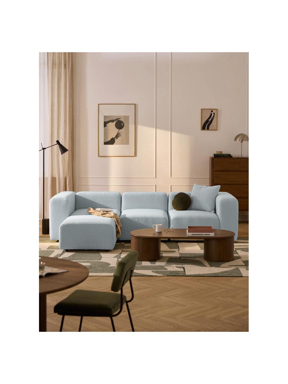 Canapé modulable 4 places en bouclette avec pouf Lena, Bouclette bleu ciel, larg. 287 x prof. 181 cm