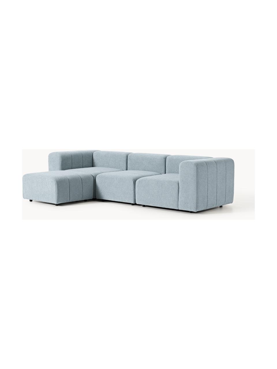 Modulares Bouclé-Sofa Lena (4-Sitzer) mit Hocker (links/rechts), Bezug: Bouclé (93 % Polyester, 6, Gestell: Buchenholz, Spanplatte, H, Füße: Kunststoff, Bouclé Hellblau, B 287 x T 181 cm