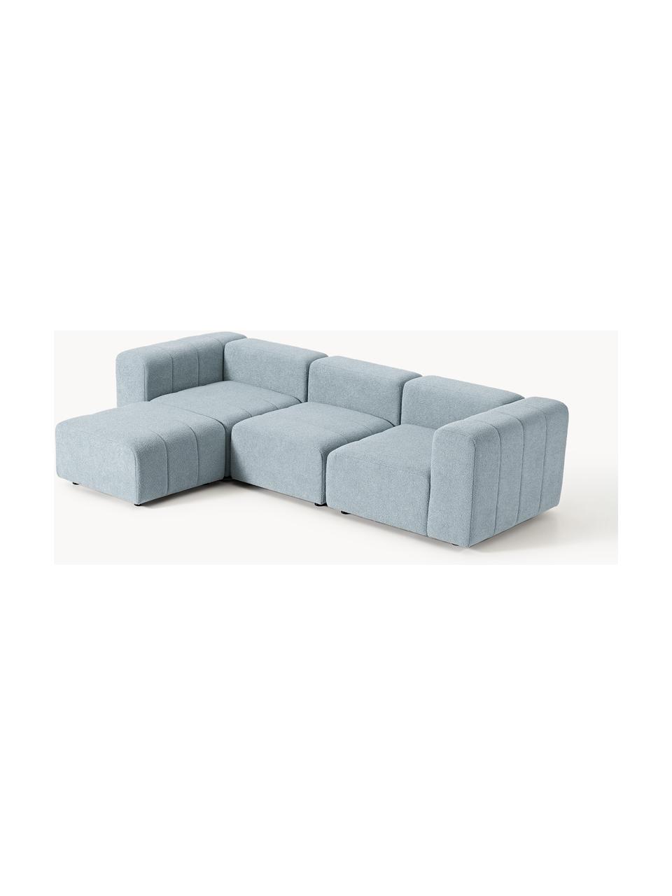 Modulares Bouclé-Sofa Lena (4-Sitzer) mit Hocker (links/rechts), Bezug: Bouclé (93 % Polyester, 6, Gestell: Buchenholz, Spanplatte, H, Füße: Kunststoff, Bouclé Hellblau, B 287 x T 181 cm