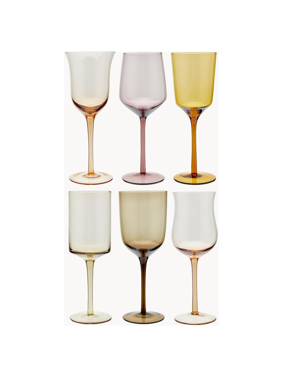 Sada ručně foukaných sklenic na víno v různých barvách a tvarech Diseguale, 6 dílů, Foukané sklo, Odstíny žluté, odstíny hnědé, Ø 7 cm, V 24 cm, 250 ml