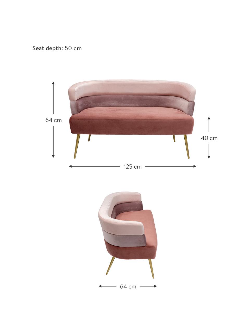 Samt-Sofa Sandwich (2-Sitzer) im Retro-Design, Bezug: Polyestersamt, Füße: Metall, pulverbeschichtet, Samt Rosatöne, B 125 x T 64 cm