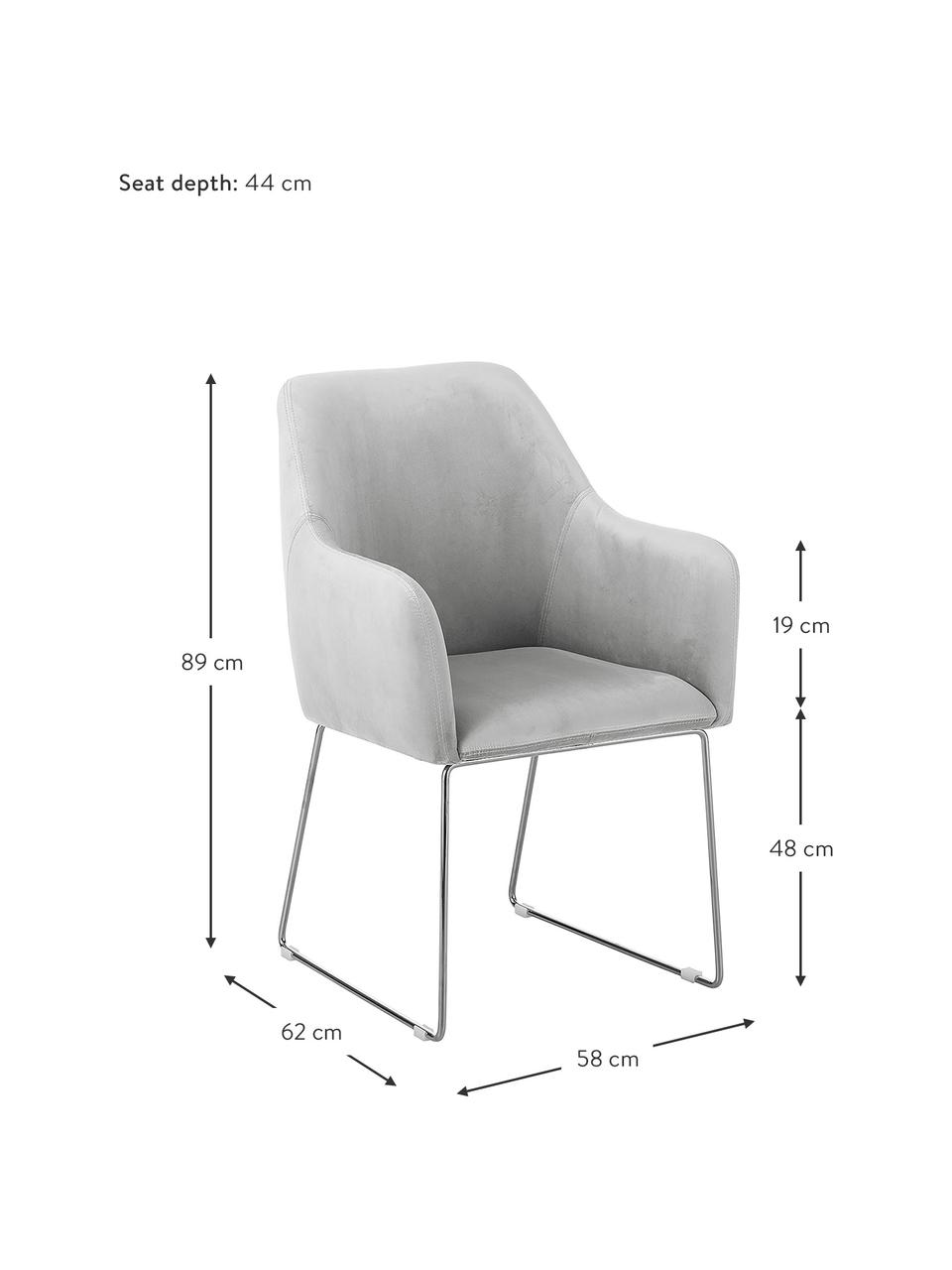 Silla con reposabrazos de terciopelo Isla, Tapizado: terciopelo (poliéster) Al, Patas: metal recubierto, Terciopelo gris claro, plateado, An 58 x F 62 cm