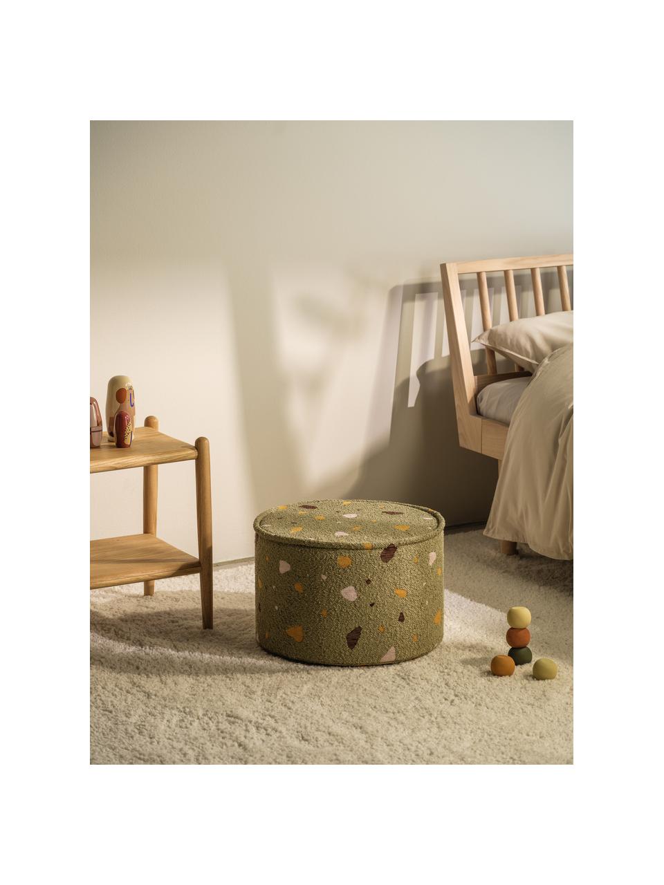 Handgefertigter Kinder-Pouf Sugar aus Bouclé, Ø 40 cm, Bouclé Olivgrün, Terrazzo-Optik, Ø 40 x H 25 cm