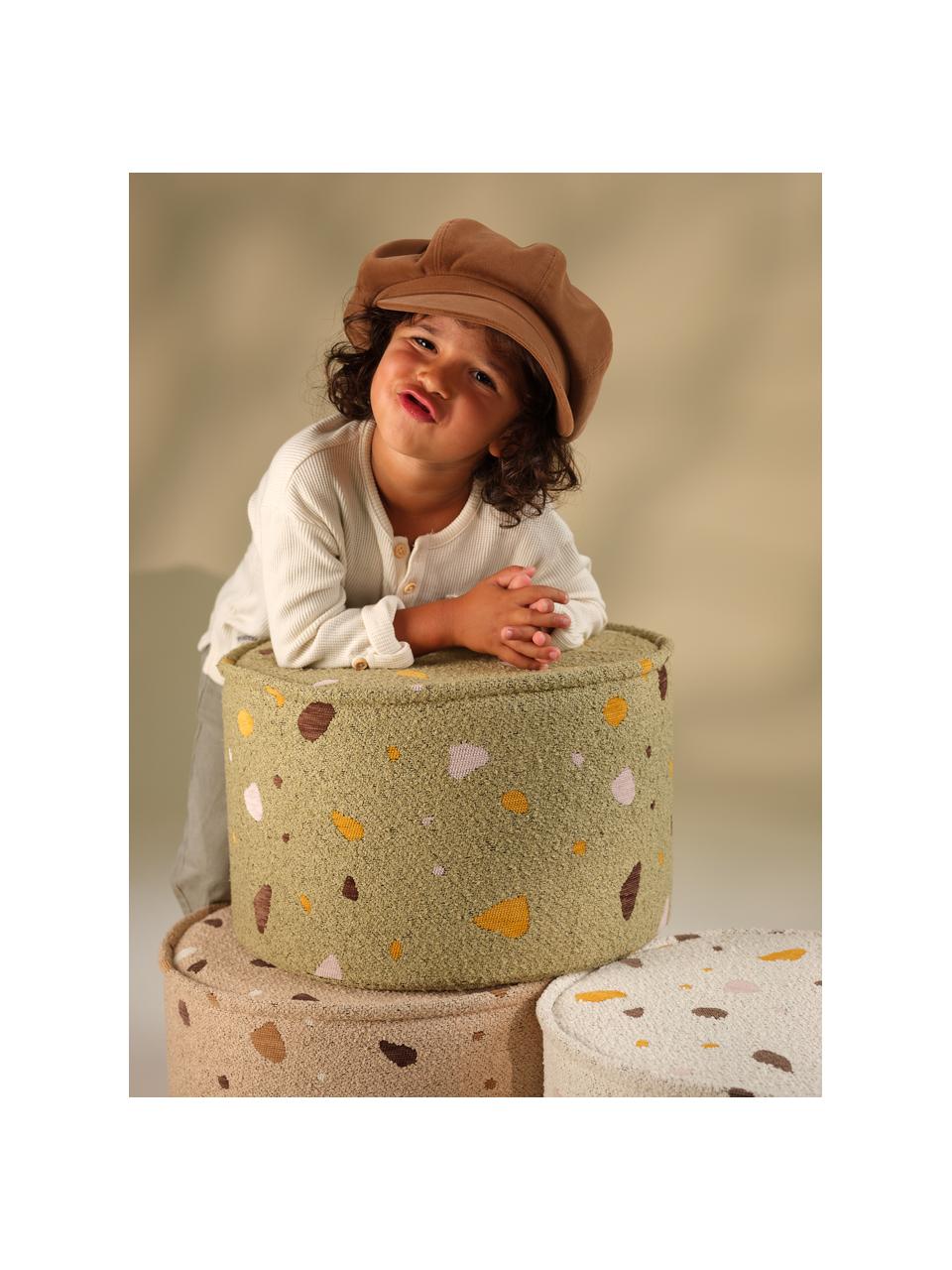 Handgefertigter Kinder-Pouf Sugar aus Bouclé, Ø 40 cm, Bouclé Olivgrün, Terrazzo-Optik, Ø 40 x H 25 cm