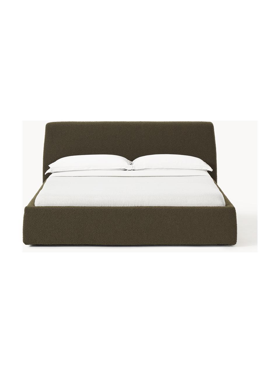 Čalouněná bouclé postel Cloud, Olivově zelená, Š 140 cm, D 200 cm
