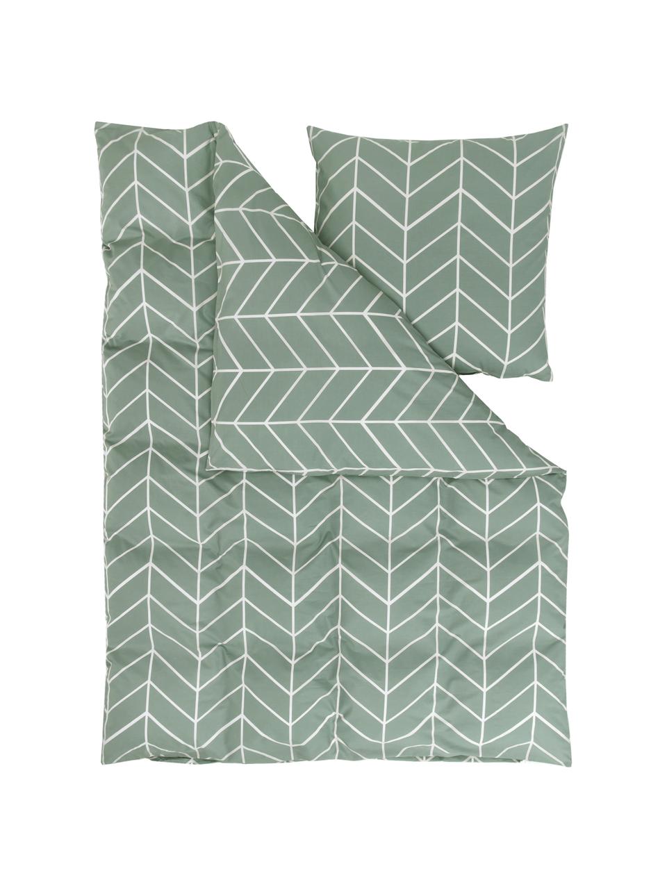 Bavlněné povlečení s grafickým vzorem Mirja, Zelená, bílá, 135 x 200 cm + 1 polštář 80 x 80 cm