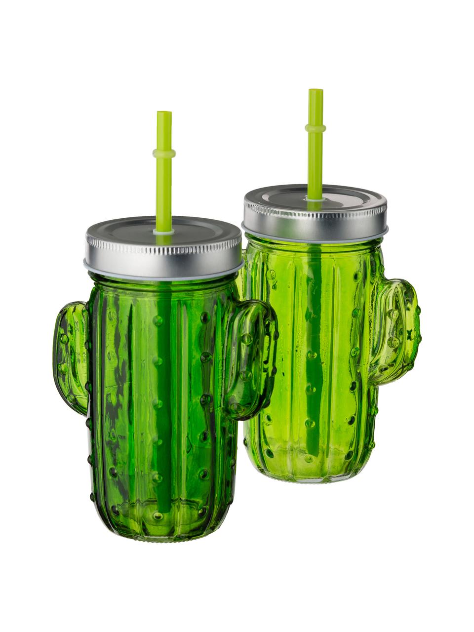 Trinkgläser Kaktus mit Deckel und Strohhalm, 2er-Set, Trinkglas: Glas, Deckel: Metall, Strohhalm: Kunststoff, Grüntöne, 12 x 15 cm