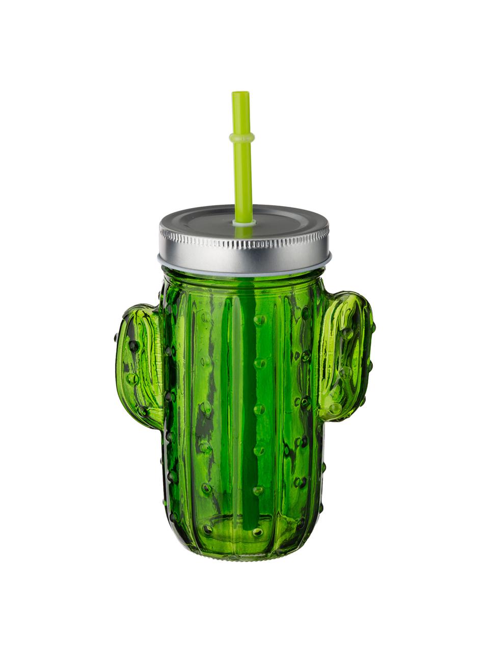 Drinkglazenset Cactus, 2-delig, Drinkglas: glas, Deksel: metaal, Rietje: kunststof, Groentinten, 12 x 15 cm