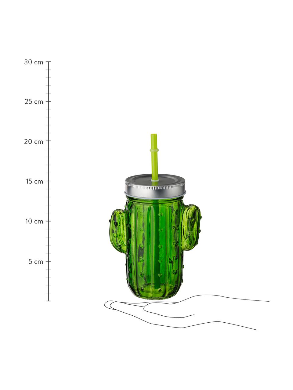 Drinkglazenset Cactus, 2-delig, Drinkglas: glas, Deksel: metaal, Rietje: kunststof, Groentinten, 12 x 15 cm