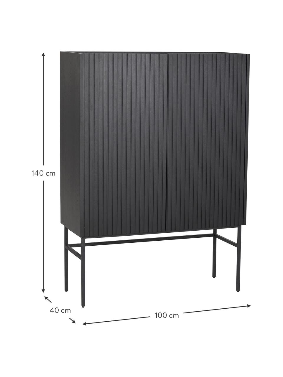 Credenza alta nera con frontale scanalato Halifax, Struttura: pannello di fibra a media, Gambe: metallo verniciato a polv, Nero, Larg. 100 x Alt. 140 cm