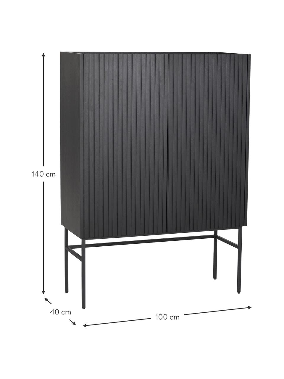 Highboard Halifax met geribde voorzijde in zwart, Frame: middeldichte vezeplaat (M, Poten: gepoedercoat metaal, Handvatten: geborsteld gelakt metaal, Zwart, B 100 cm x H 140 cm