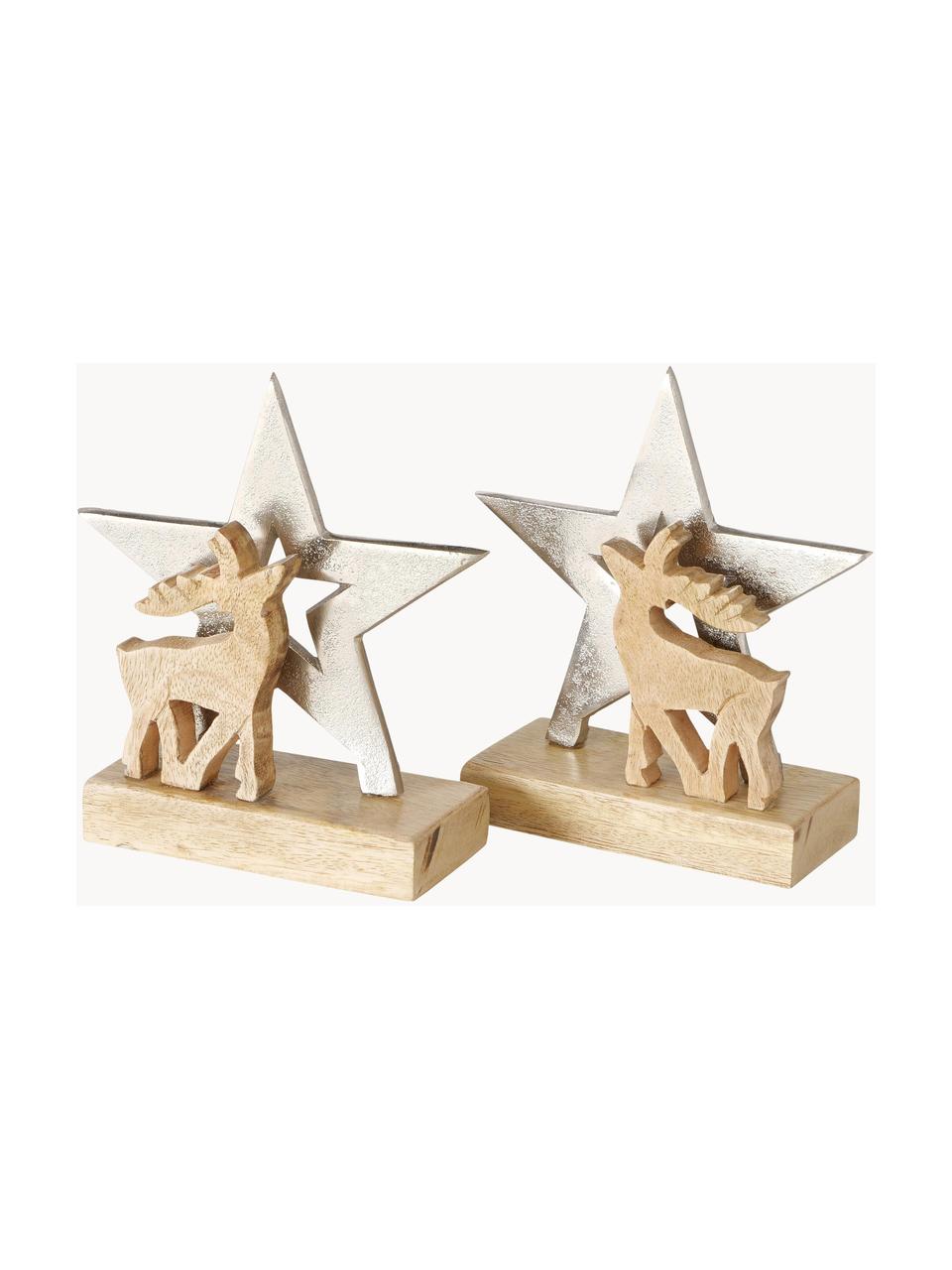 Décorations de Noël faites main Runlow, lot de 2 élém., Bois de manguier, aluminium, enduit, Brun clair couleur argentée, larg. 16 x haut. 18 cm