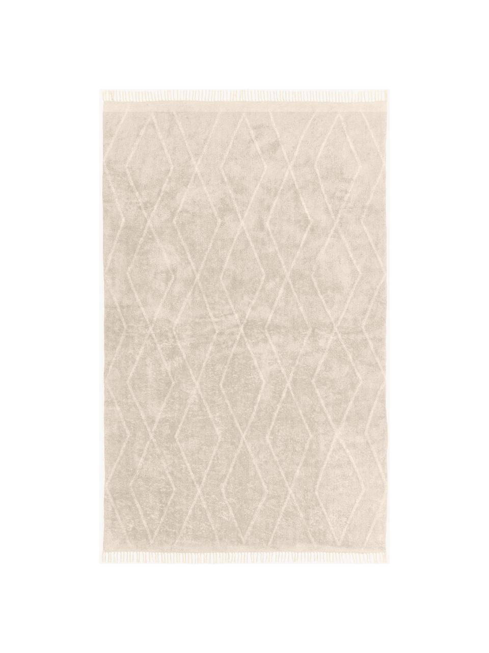 Handgetufteter Baumwollteppich Bina mit Rautenmuster und Fransen, Beige, B 80 x L 150 cm (Grösse XS)