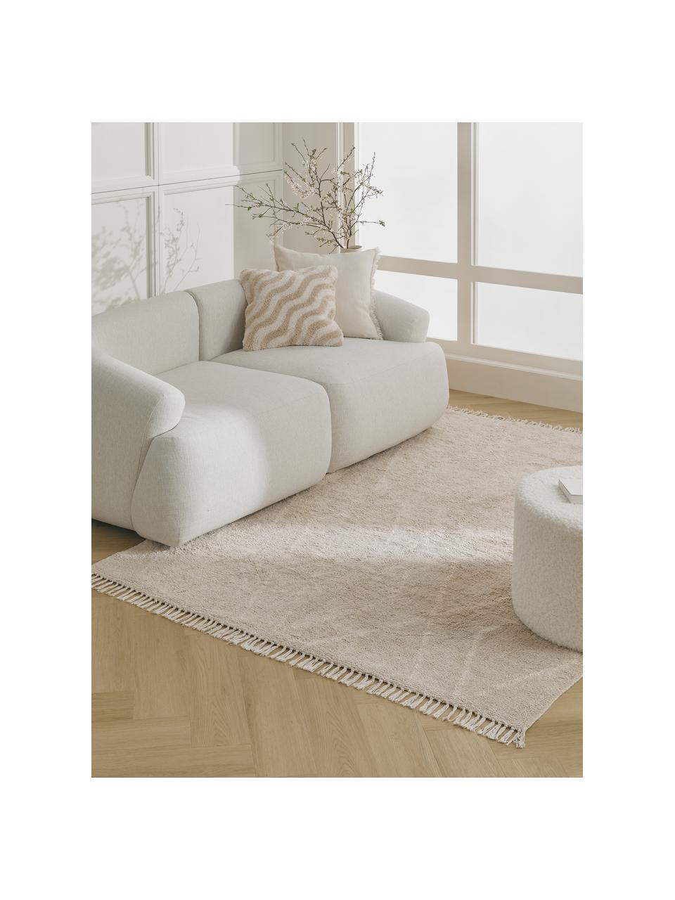 Handgetufteter Baumwollteppich Bina mit Rautenmuster und Fransen, Beige, B 80 x L 150 cm (Größe XS)