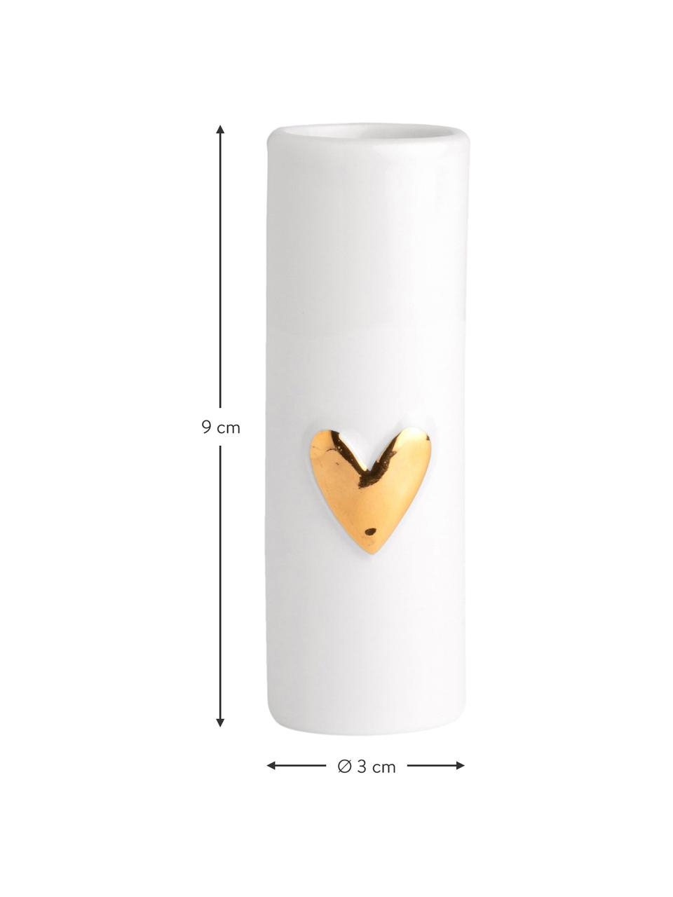 Kleine porseleinen vaasjes Heart, 2 stuks, Porselein, Wit, goudkleurig, Ø 3 x H 9 cm