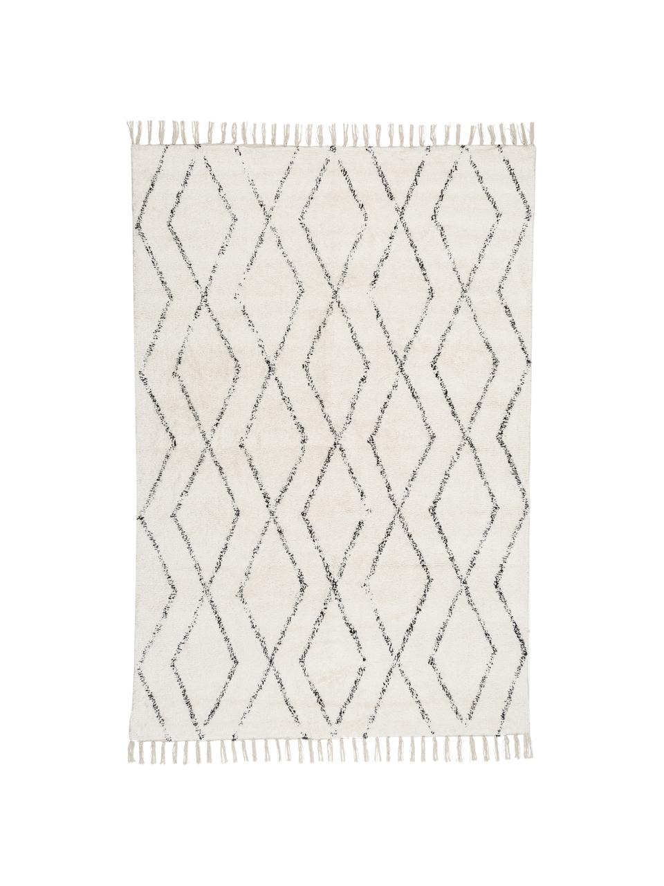 Handgewebter Teppich Berber mit Fransen, 100% Baumwolle, Grau, Cremeweiss, B 140 x L 200 cm (Grösse S)
