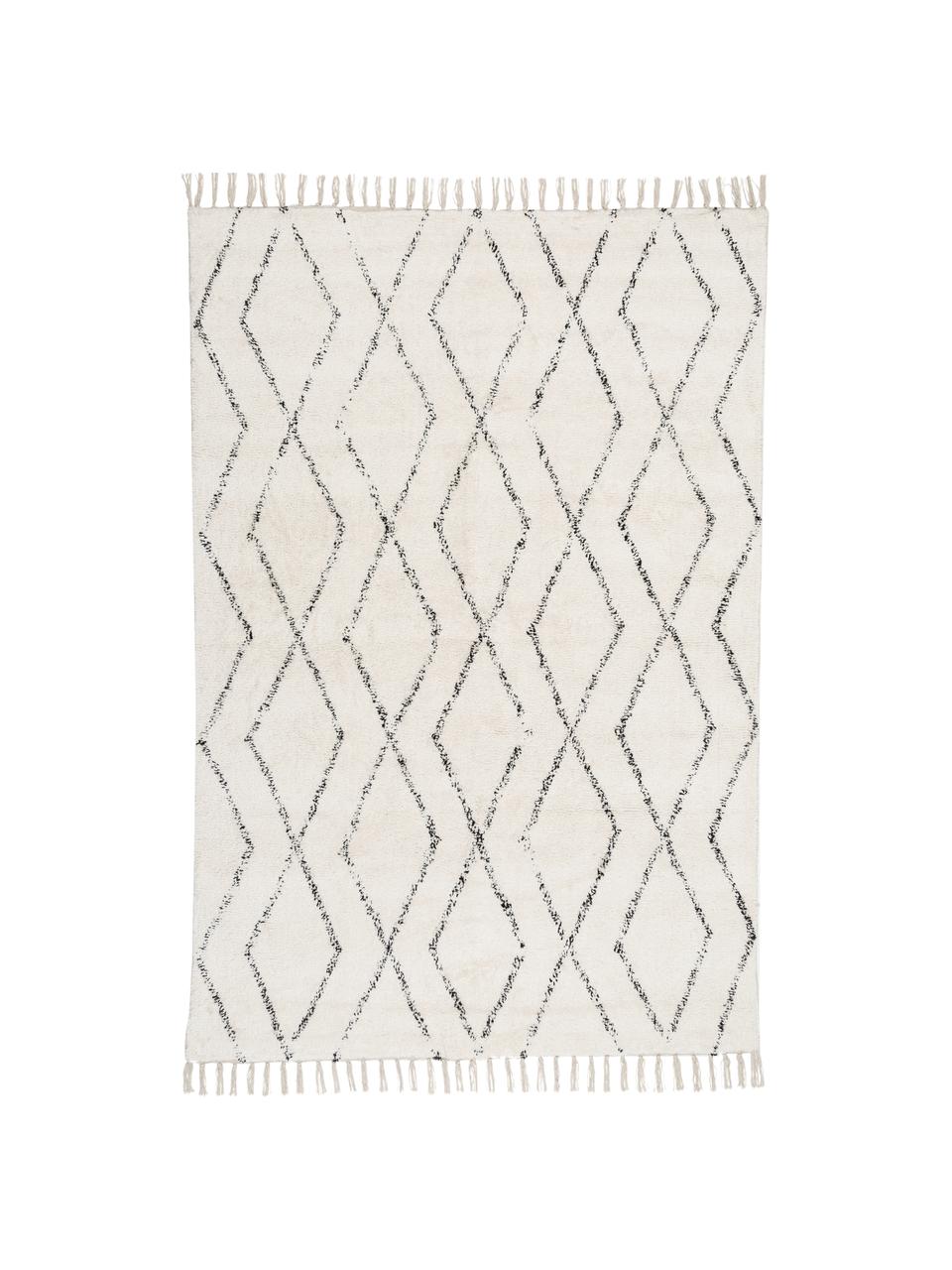 Handgewebter Teppich Berber mit Fransen, 100% Baumwolle, Grau, Cremeweiß, B 140 x L 200 cm (Größe S)