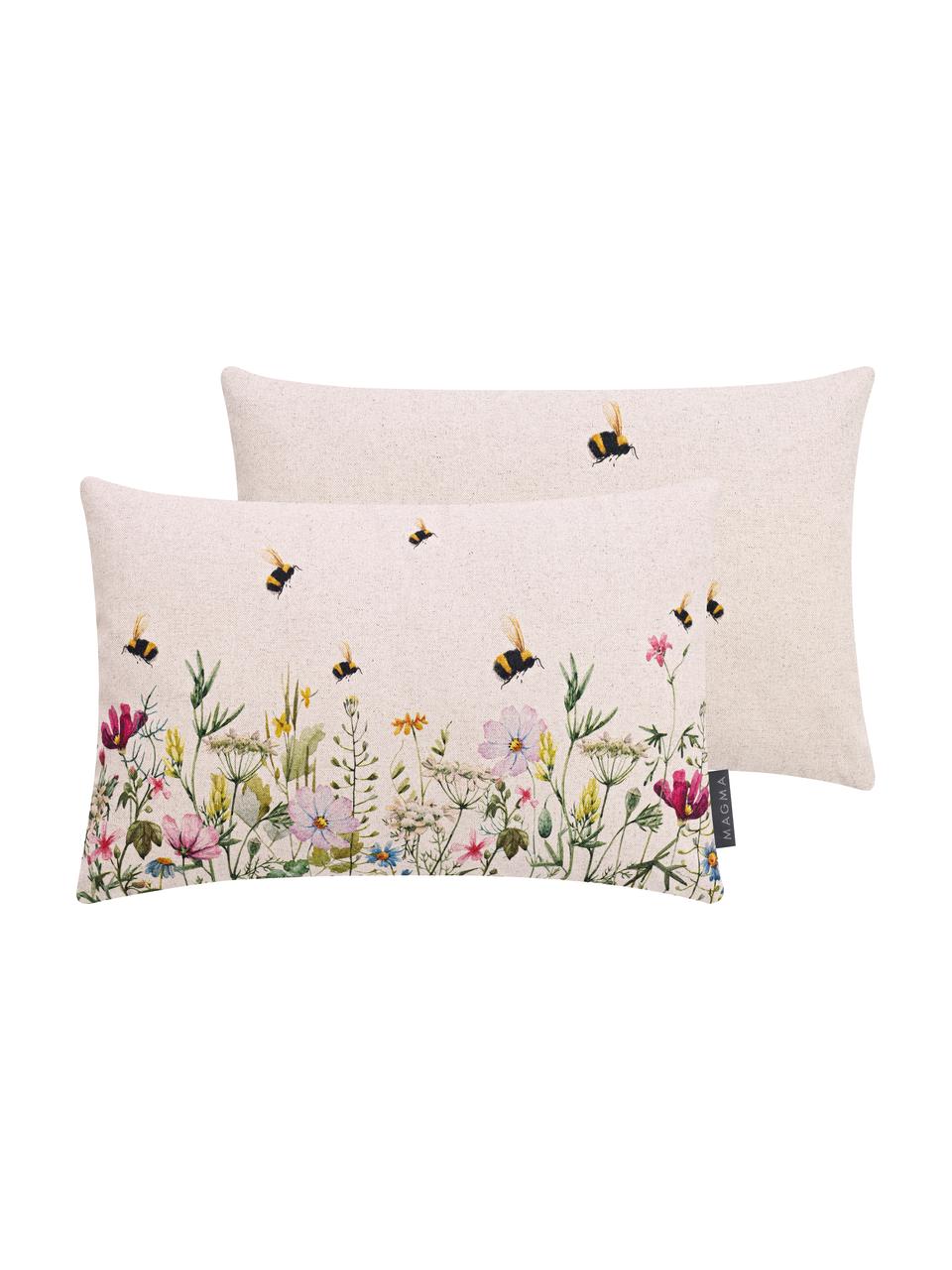 Dubbelzijdige kussenhoes Biene met bloemen motief, 85% katoen, 15% linnen, Beige, B 30 x L 50 cm