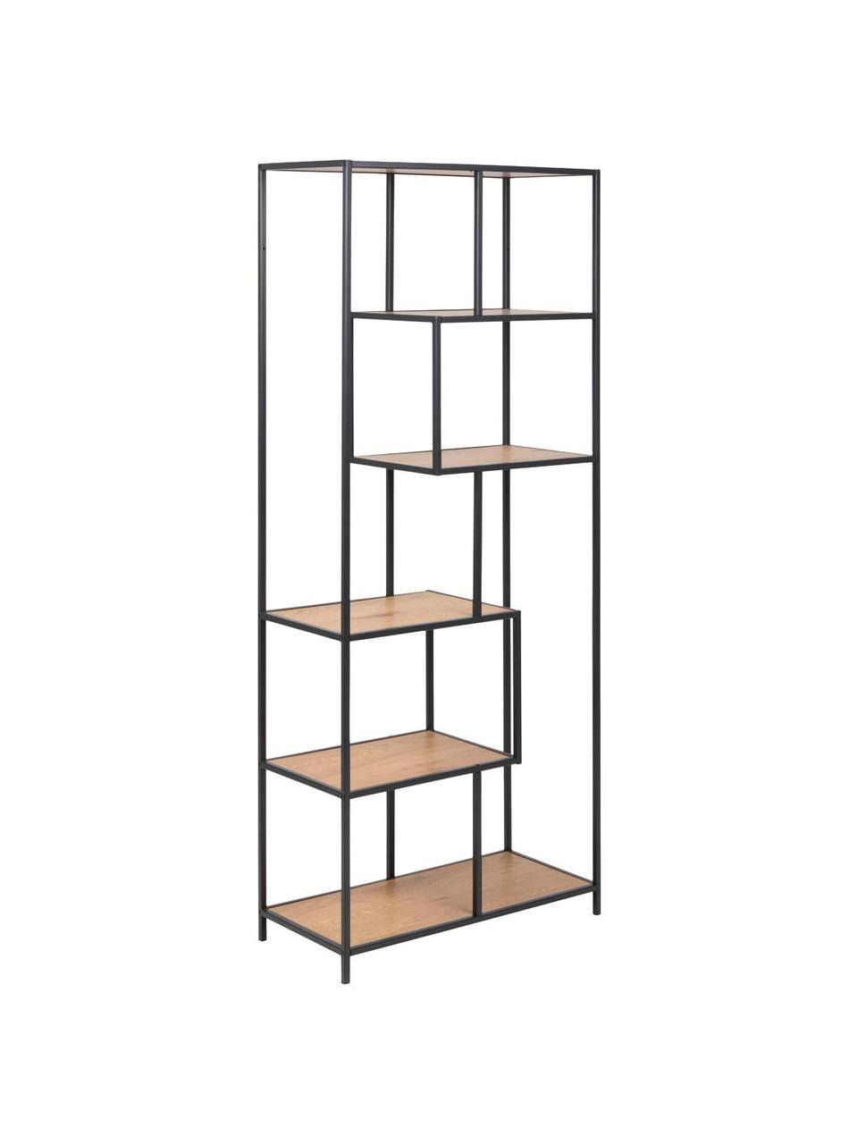 Scaffale in legno e metallo Seaford, Ripiani: pannello di fibra a media, Struttura: metallo verniciato a polv, Quercia selvatica, nero, Larg. 77 x Alt. 185 cm