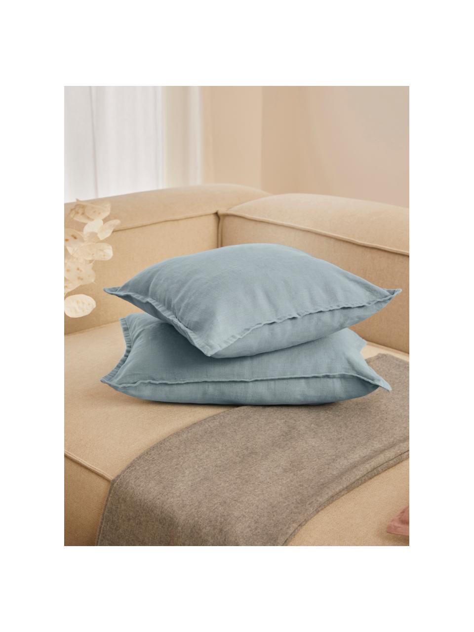 Housse de coussin lin bleu ciel Lanya, 100 % pur lin, Bleu ciel, larg. 40 x long. 40 cm