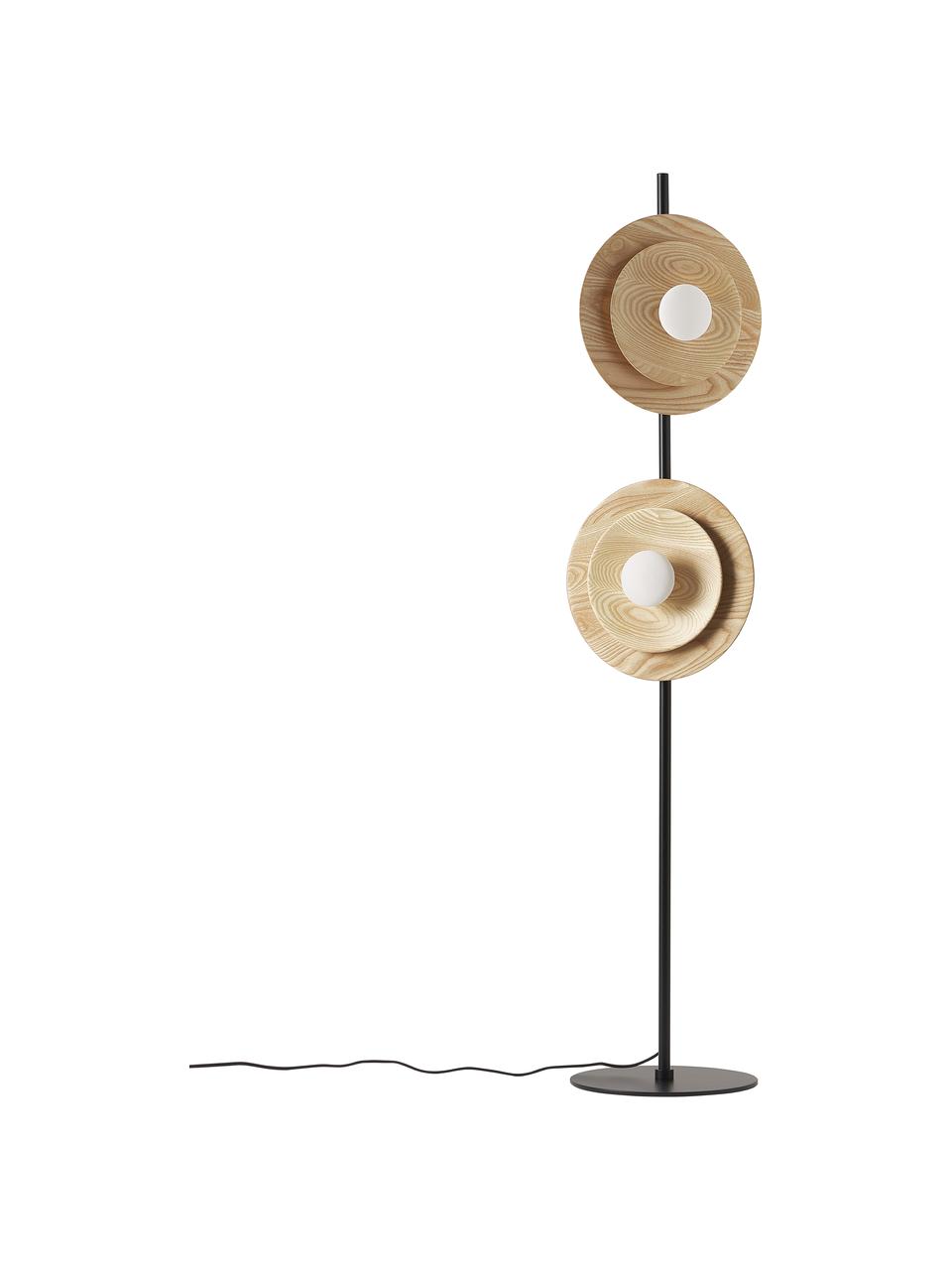 Lampa podłogowa regulowana z drewna jesionowego Kira, Stelaż: metal malowany proszkowo, Czarny, jasne drewno naturalne, Ø 9 x W 145 cm