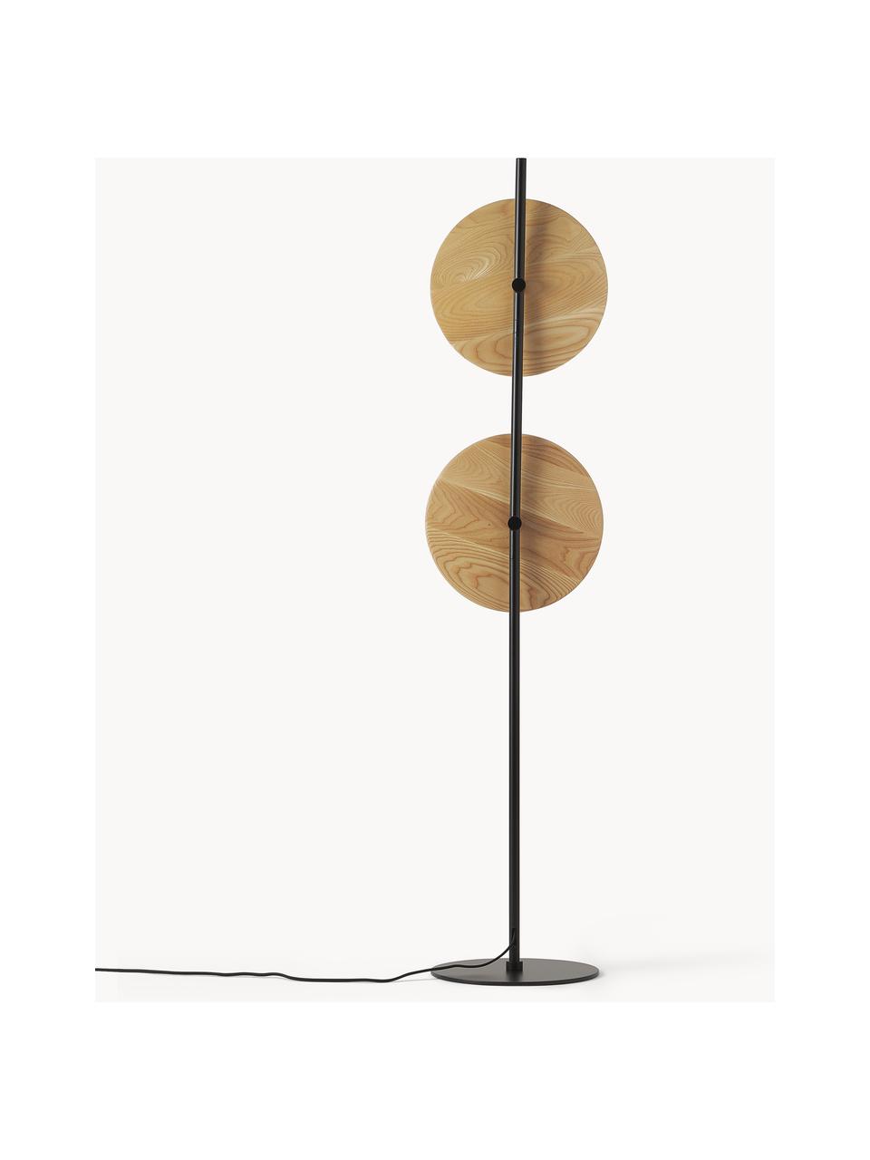 Lámpara de pie orientable de madera de fresno Zadie, Estructura: metal con pintura en polv, Cable: plástico, Negro, madera de fresno, Ø 9 x Al 145 cm