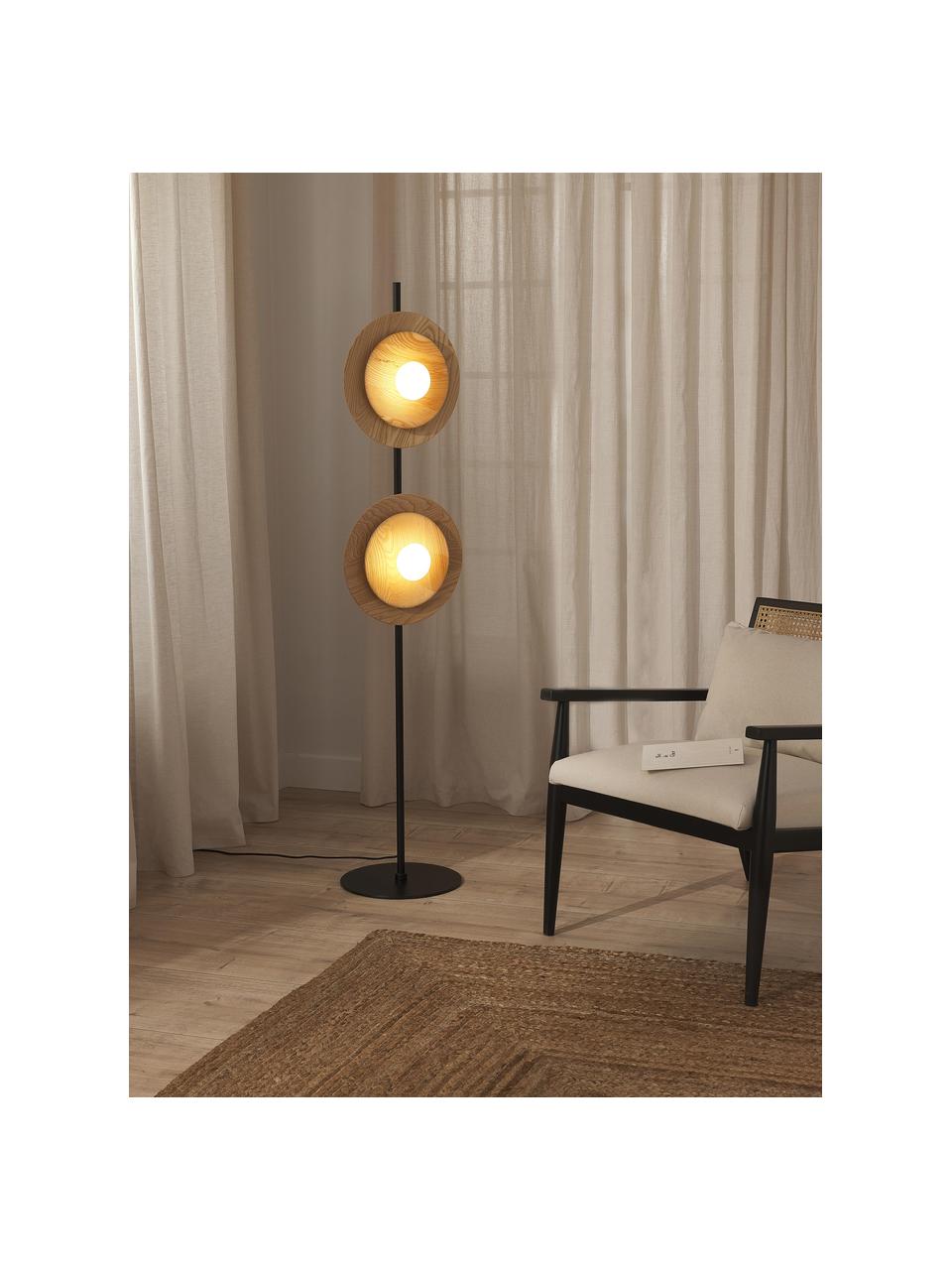Verstellbare Stehlampe Zadie aus Eschenholz, Dekor: 100 % Eschenholz, Eschenholz, Schwarz, H 145 cm