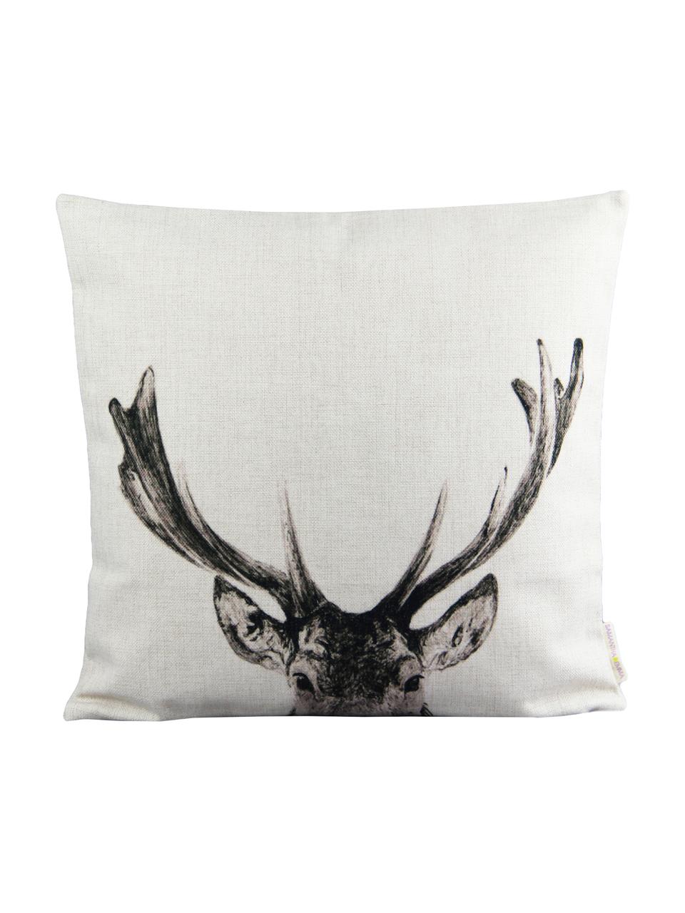 Linnen kussenhoes Reindeer in wit/zwart, Linnen, Gebroken wit, zwart, 45 x 45 cm