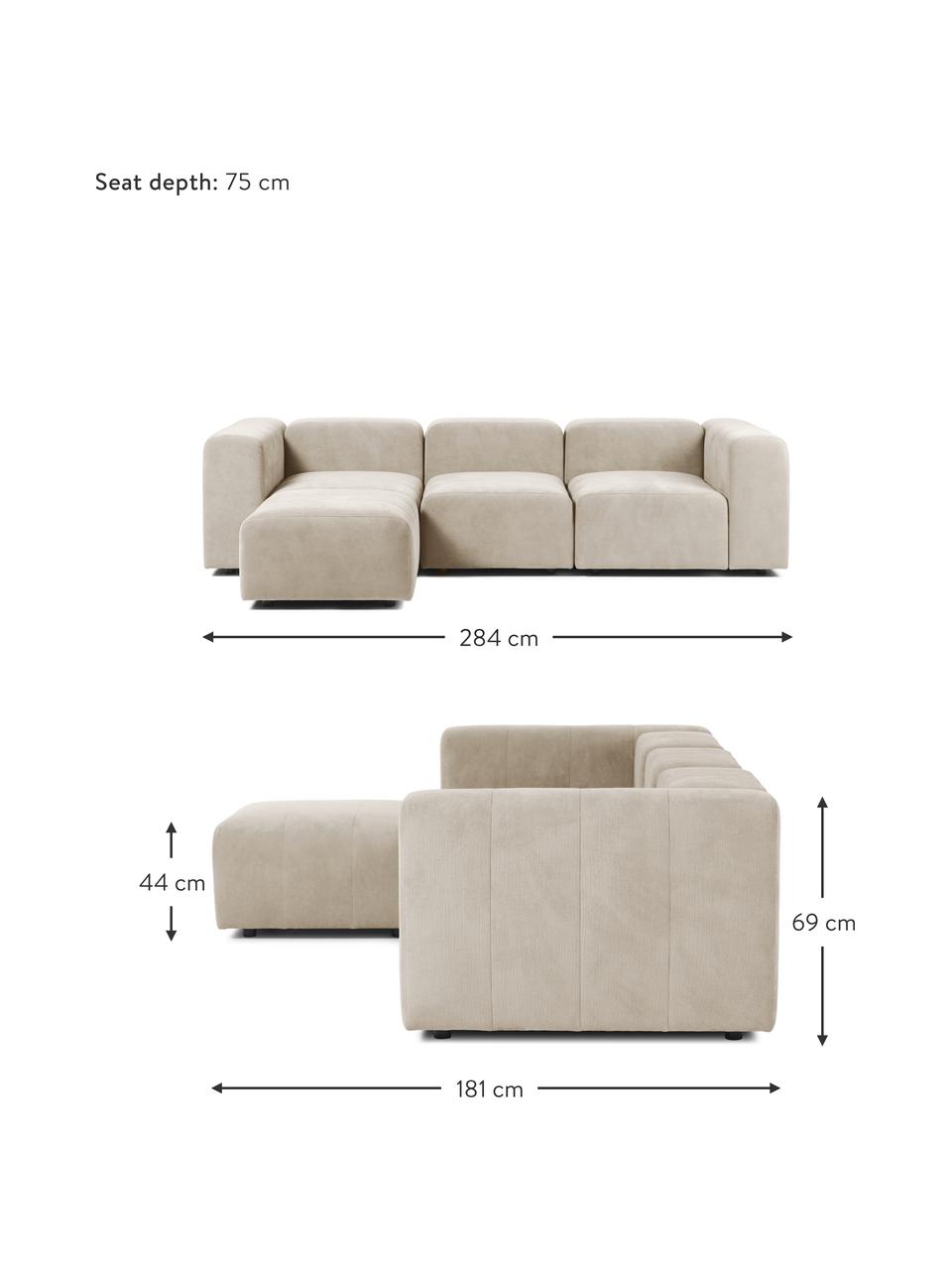 Sofa modułowa z pufem Lena (4-osobowa), Tapicerka: tkanina (88% poliester, 1, Stelaż: drewno sosnowe, sklejka, , Nogi: tworzywo sztuczne, Beżowa tkanina, S 284 x G 181 cm
