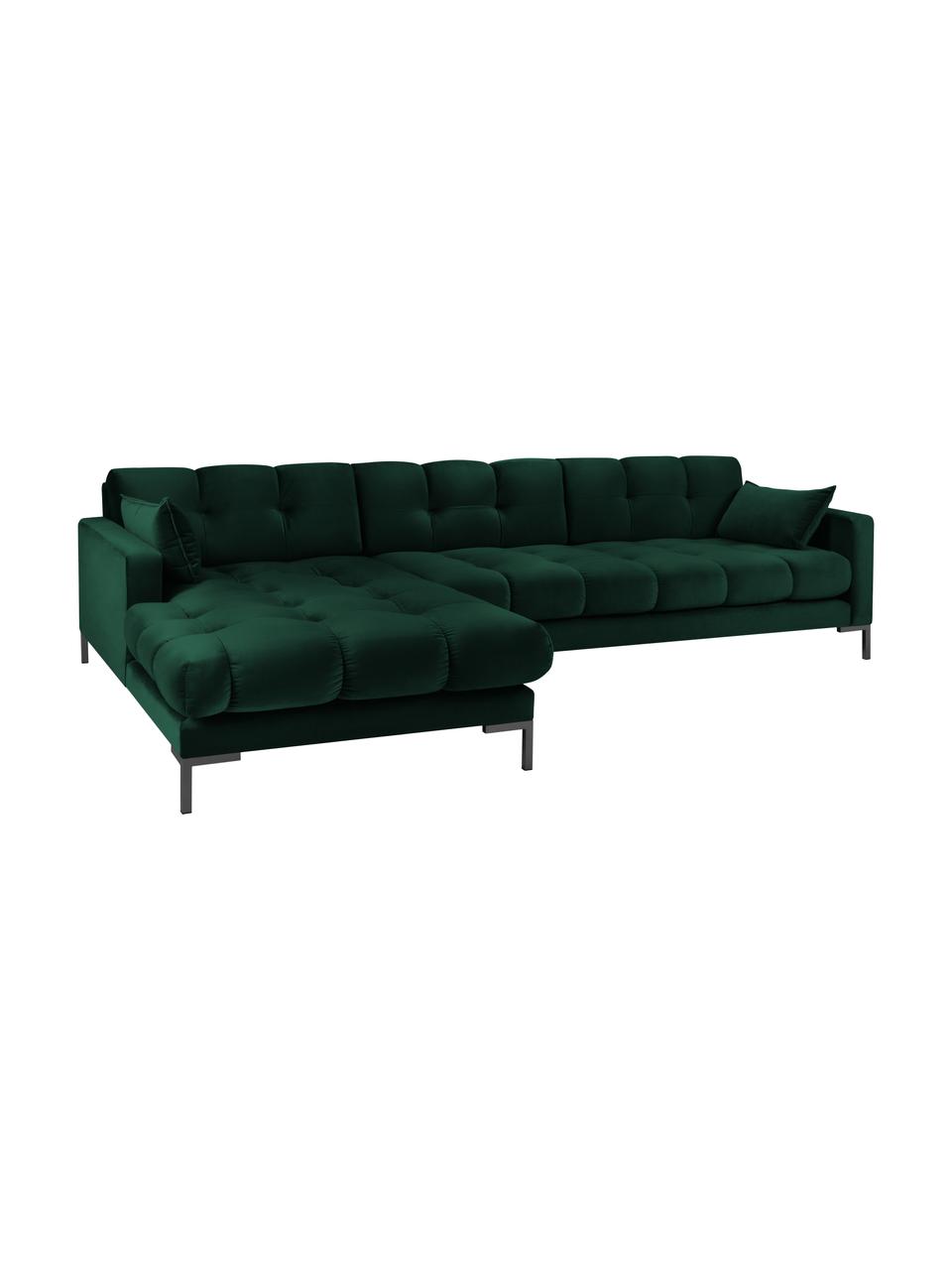 Sofa narożna z aksamitu Mamaia (5-osobowa), Tapicerka: aksamit poliestrowy Dzięk, Stelaż: lite drewno sosnowe, skle, Nogi: metal lakierowany, Zielony, S 293 x G 185 cm (lewostronna)