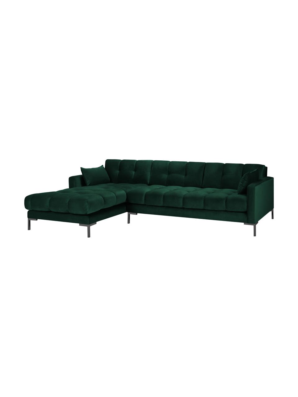 Sofa narożna z aksamitu Mamaia (5-osobowa), Tapicerka: aksamit poliestrowy Dzięk, Stelaż: lite drewno sosnowe, skle, Nogi: metal lakierowany, Zielony, S 293 x G 185 cm (lewostronna)