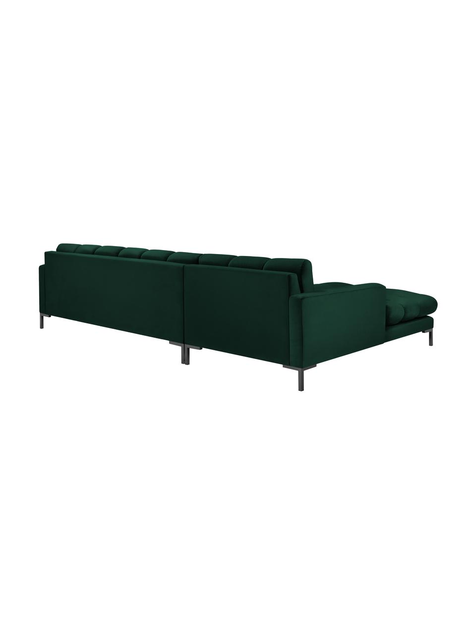 Sofa narożna z aksamitu Mamaia (5-osobowa), Tapicerka: aksamit poliestrowy Dzięk, Stelaż: lite drewno sosnowe, skle, Nogi: metal lakierowany, Zielony, S 293 x G 185 cm (lewostronna)