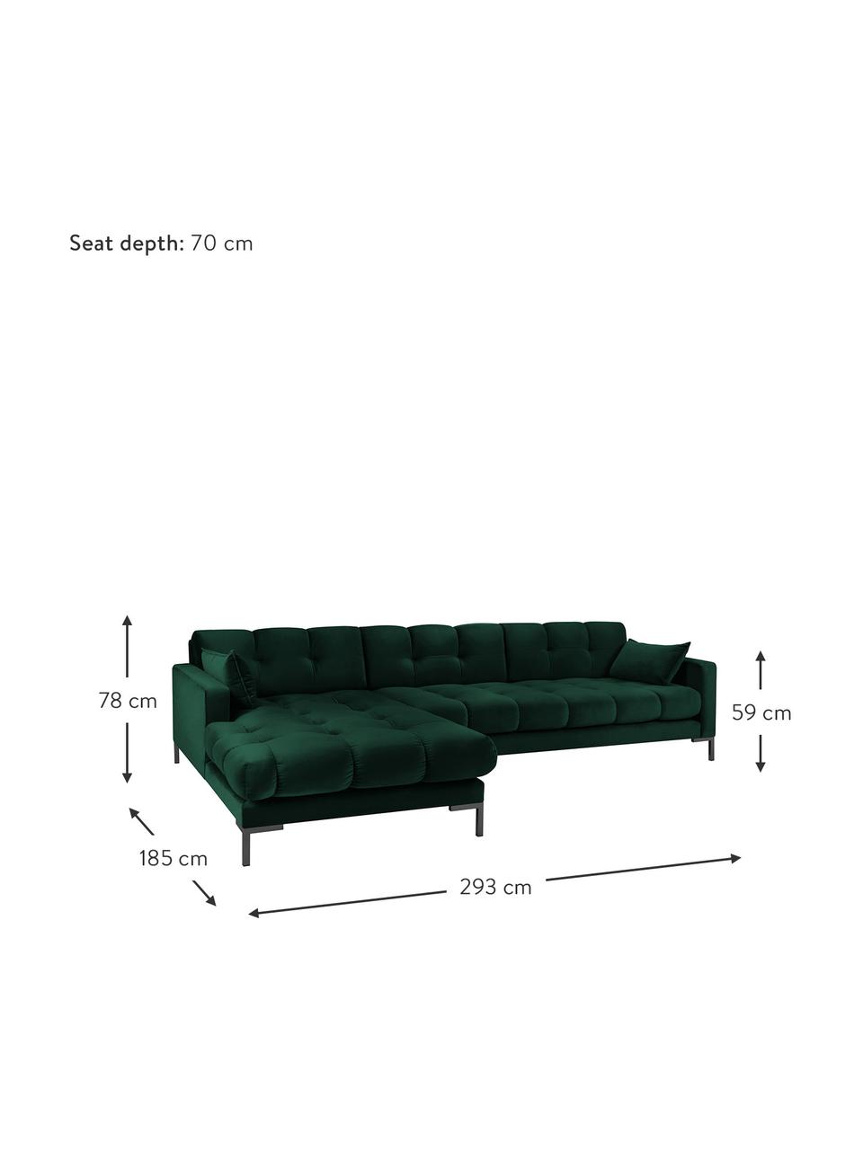 Sofa narożna z aksamitu Mamaia (5-osobowa), Tapicerka: aksamit poliestrowy Dzięk, Stelaż: lite drewno sosnowe, skle, Nogi: metal lakierowany, Zielony, S 293 x G 185 cm (lewostronna)