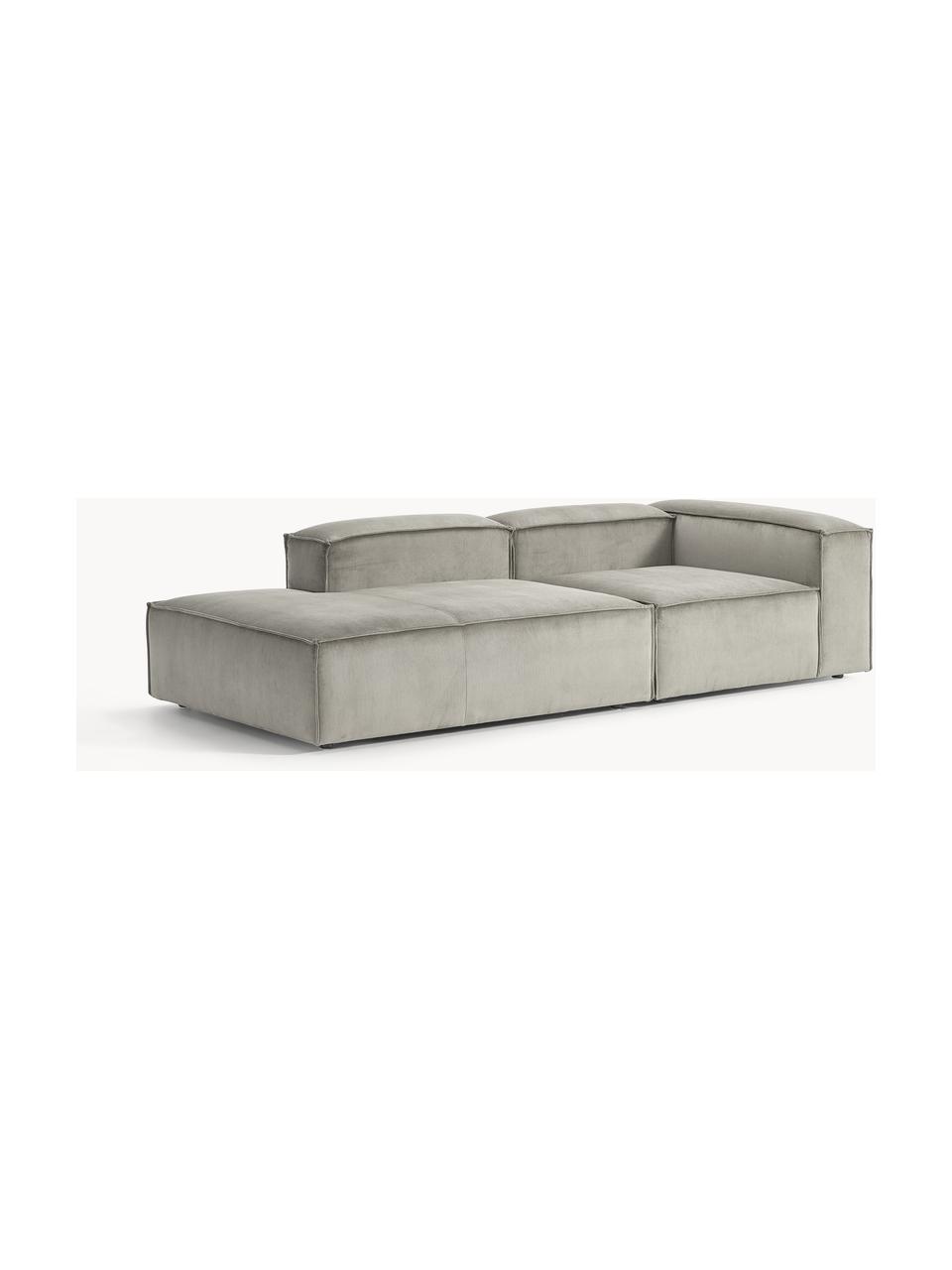 Chaise longue componibile in velluto a coste Lennon, Rivestimento: velluto a coste (92% poli, Struttura: legno di pino massiccio, , Piedini: plastica Questo prodotto , Velluto a coste grigio, Larg. 269 x Prof. 119 cm, schienale a destra