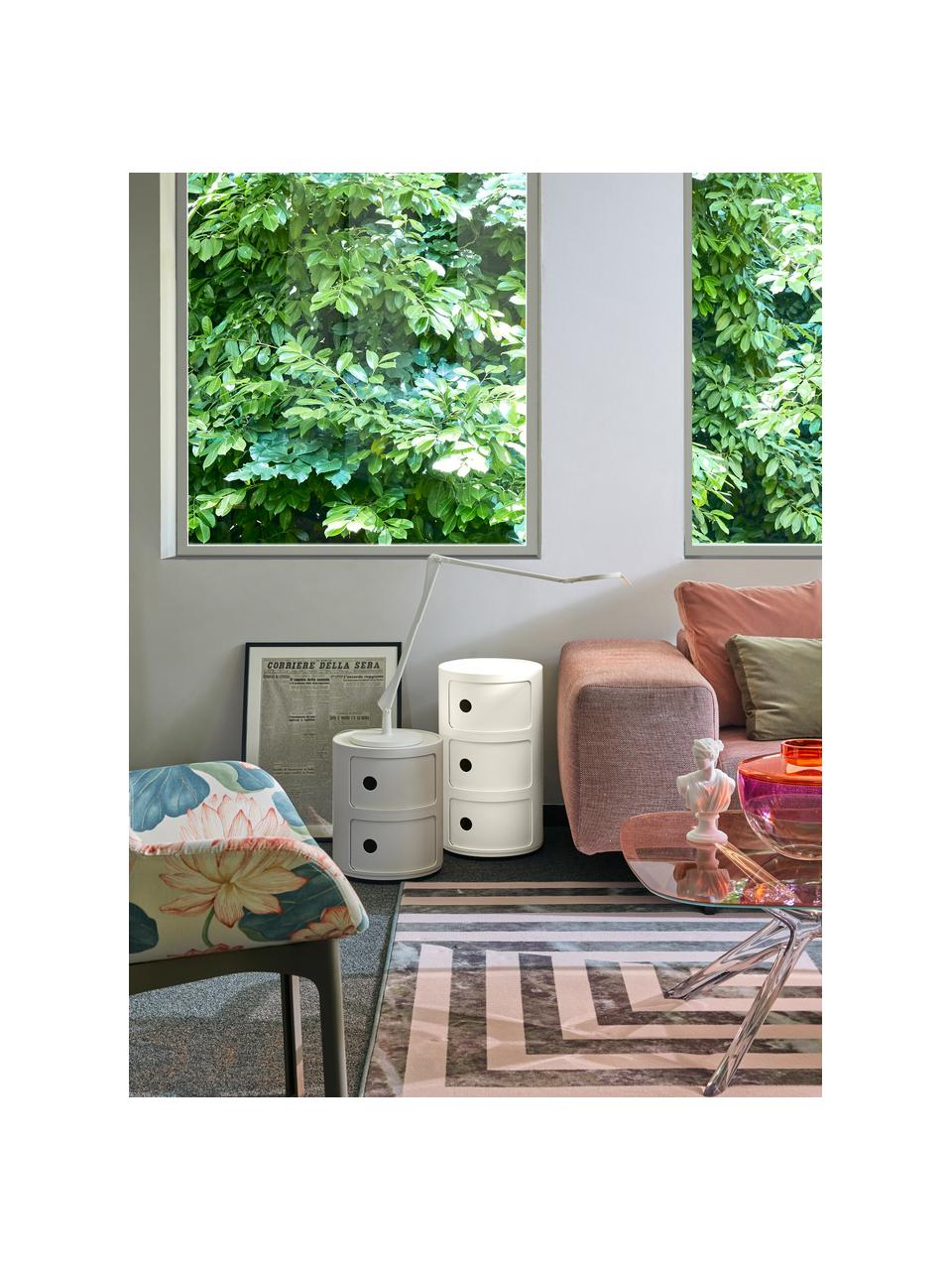 Mesa auxiliar de diseño Componibili, 3 módulos, Tecnopolímero termoplástico elaborado a partir de materiales industriales recicladados, certificado Greenguard, Beige mate, Ø 32 x Al 59 cm