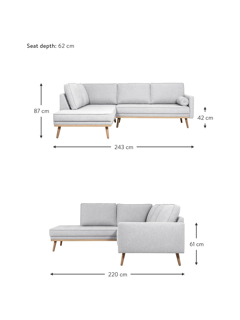 Ecksofa Saint (3-Sitzer) in Hellgrau mit Eichenholz-Füssen, Bezug: Polyester Der hochwertige, Gestell: Massives Kiefernholz, Spa, Webstoff Hellgrau, B 243 x T 220 cm